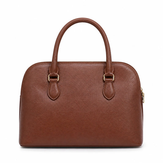 Bagex Brown Leather Dome Handbag with Gold-Tone Hardware